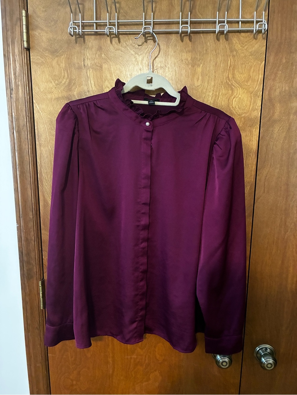 Ann Taylor Plum Ruffle Neck Long-Sleeve Blouse with Pearl buttons